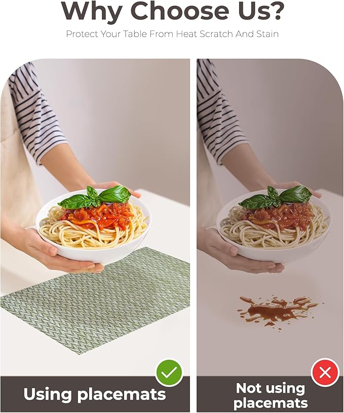 Leetaltree Green Placemats Set of 12 - Heat Resistant Non-Slip Place mats for Dining Table, Washable Durable PVC Vinyl Woven Table Mats(Green Zigzag, 12)