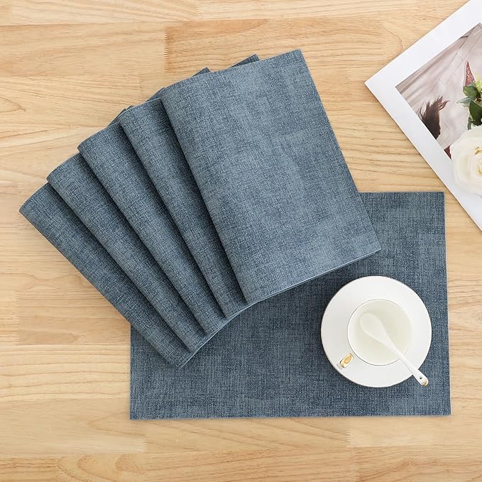 Homaxy Faux Leather Heat Resistant Placemats for Dining Table Set of 12, Waterproof Wipeable Washable PU Table Mats, Easy to Clean Anti-Slip Place Mats, 11.8" x 17", Blue