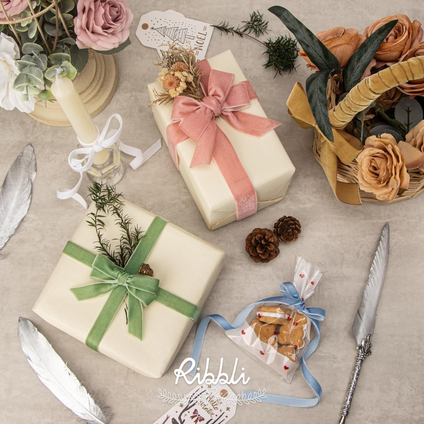 Ribbli Polyester White Velvet Ribbon,3/8 Inches Continuous10-Yard Spool,Christmas Ribbon for Gift Wrapping,Floral Bouquets, Home Decor