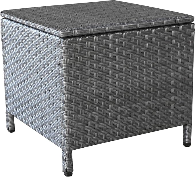 Outdoor Wicker Storage Side Table, Patio Grey PE Rattan End Table with Storage, Square Container for Furniture Covers, Toys, and Gardening Tools