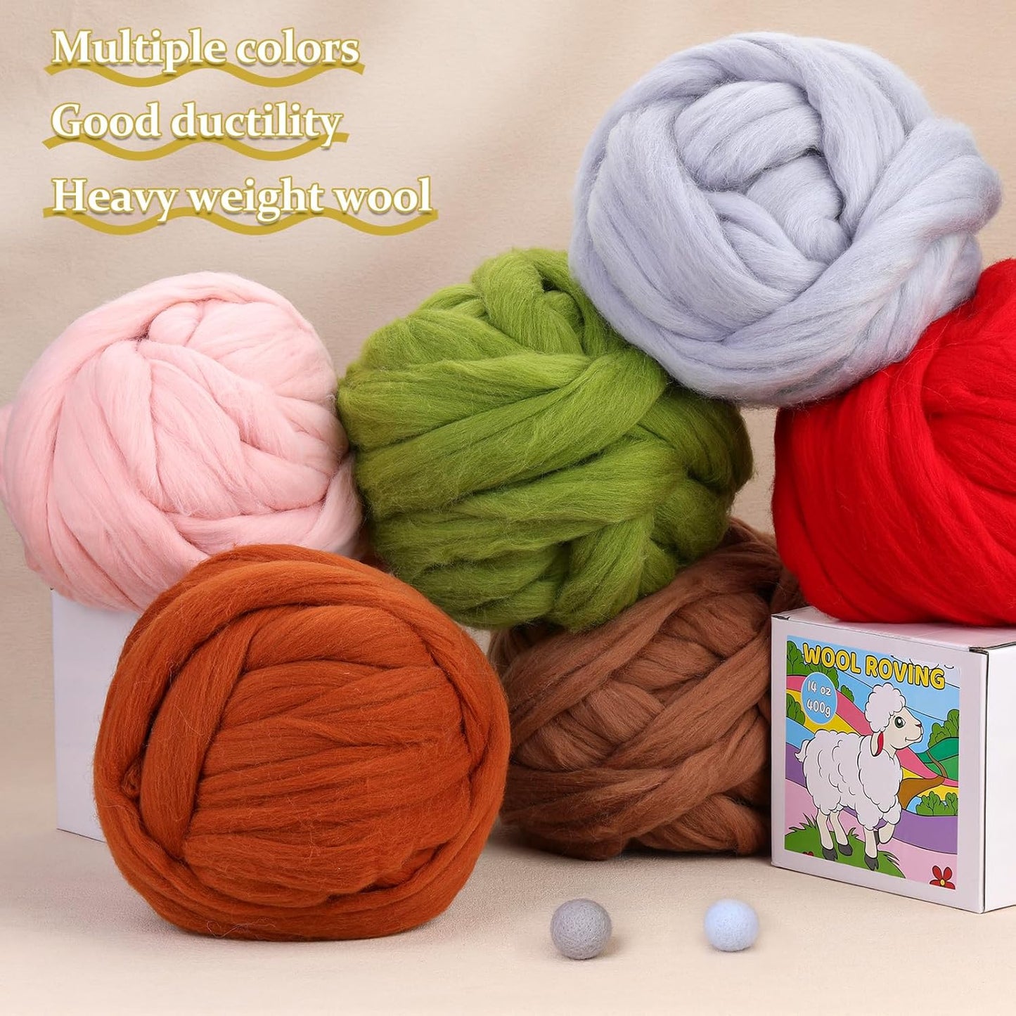 QMNNMA 14.1oz Wool Roving Yarn, Fiber Roving Wool Top, Wool Felting Supplies, Pure Wool, Chunky Yarn, Handmade Carded Core Wool for Wool Felting, Wet Felting DIY Hand Spinning