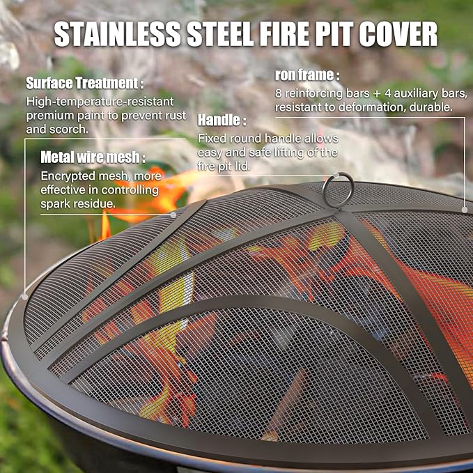 Fire Pit Spark Screen, Upgraded 30 Inch Outdoor Fire Pit Screen with Handle & Poker, Heavy-Duty Steel Fire Pit Cover Round Mesh Replacement Firepit Screen for Backyard/Beach/RV Camping