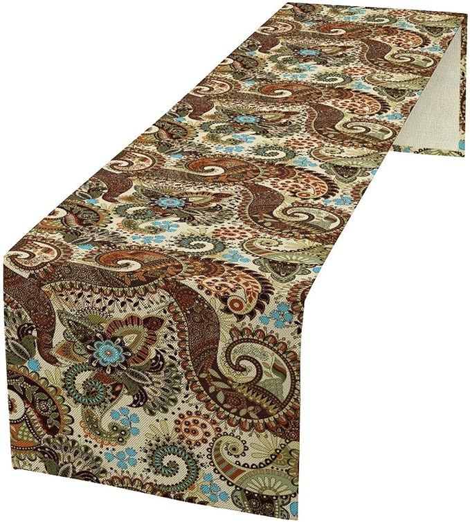 Brown Paisley Table Runner, Rustic Damask Antique Floral Flower Retro Boho Swirled Pattern Vintage Coffee Table Center Decor for Family Kitchen and Living Room Outdoor Table Decorations, 13"x36"
