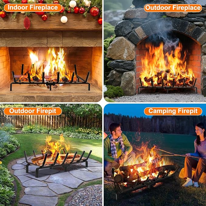 FEED GARDEN Fireplace Grate 24 inch Heavy Duty Fireplace Log Holder, 1/2" Solid Steel Bar Fire Pit Grate for Indoor Outdoor, Wood Stove Fireplace Accessories Wrought Iron Firewood Burning Rack