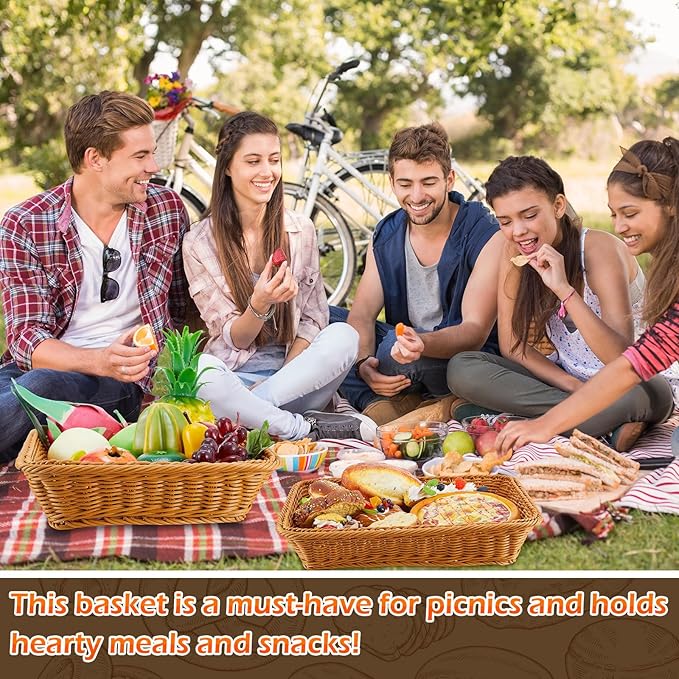Tioncy 10 Pcs Poly Wicker Bread Basket 15.75 x 11.81 x 3.15" Woven Bread Imitation Rattan Fruit Basket Tray Stackable Rectangular Food Baskets for Serving Display Storage Kitchen Restaurant Vegetable
