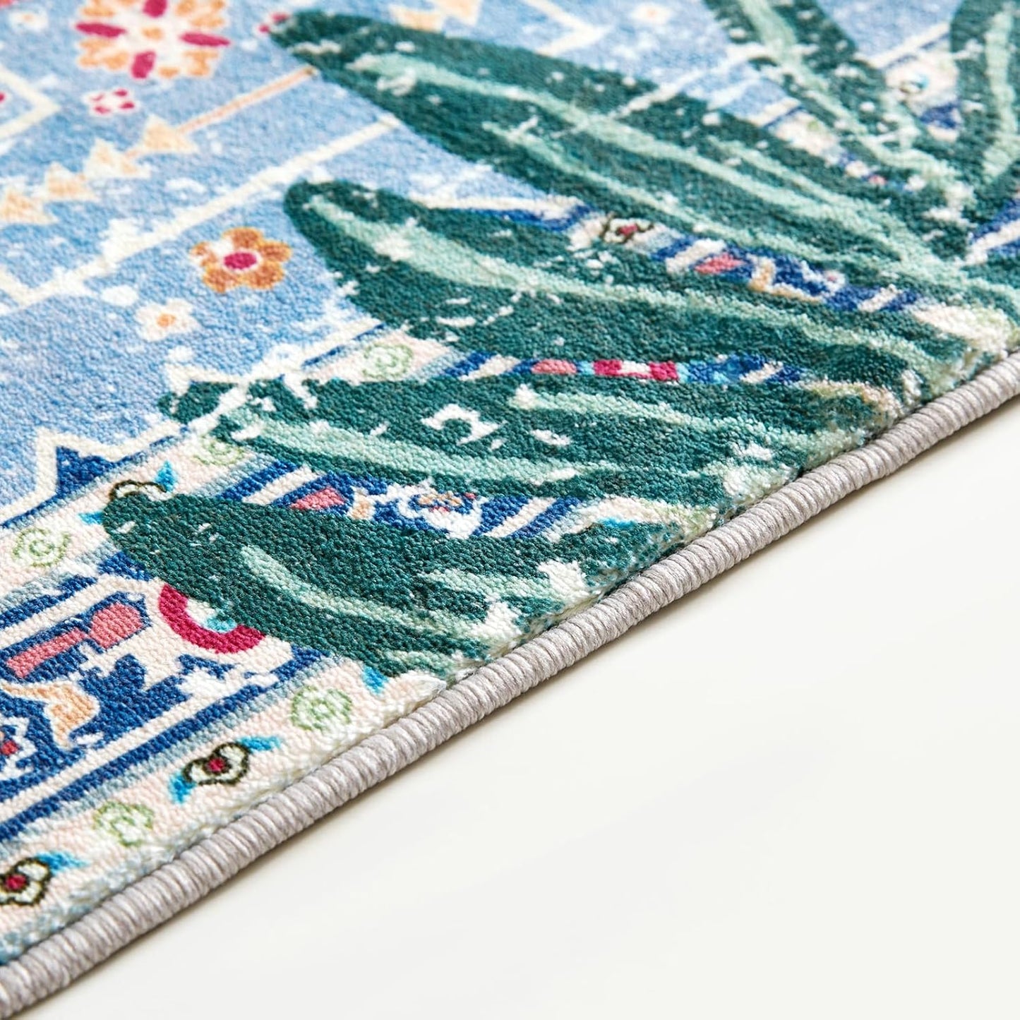 Washable Blue Rugs Thin Oriental Boho Vintage Tropical Jungle 9x12 Area Rugs for Bedroom Kitchen Dining Living Room Office Distressed Indoor Large Carpet