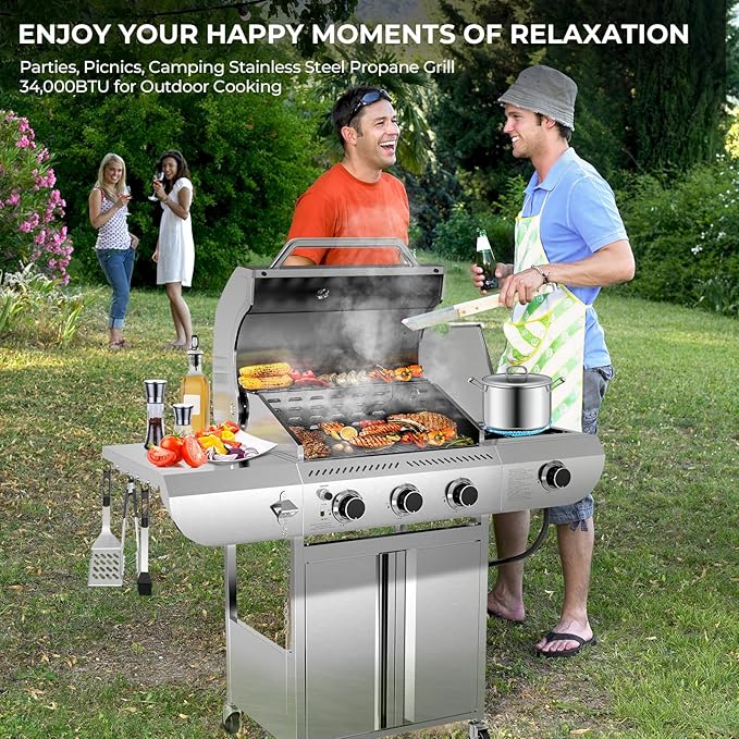 R.W.FLAME 3-Burner Propane Gas Grill With Sider Burner, Stainless Steel Propane Grill 34,000BTU, Multifunction & Protable Outdoor Barbecue Grill with Casters for Camping & Parties