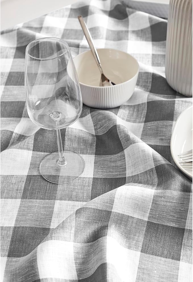 Solino Home Linen Checkered Table Runner 120 Inches Long - 100% Pure Linen Grey and White Buffalo Check Table Runner 14 x 120 Inch Ideal for Dining, Spring, Easter