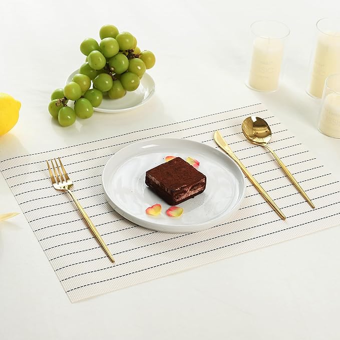 Leetaltree White with Black Stripes Placemats Set of 8 - Heat Resistant Non-Slip Place mats for Dining Table, Washable Durable PVC Vinyl Woven Table Mats(White Stripes, 8)