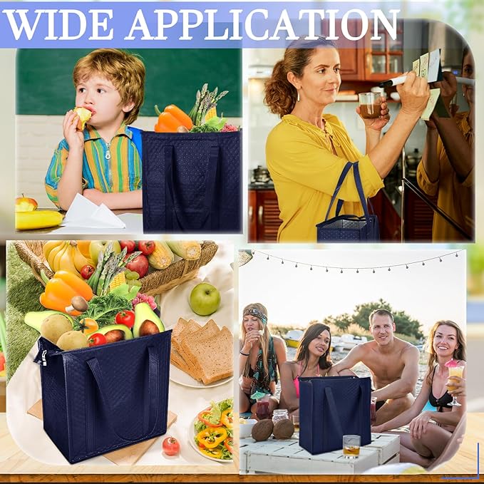 10 Pack Large Insulated Grocery Bags Reusable Shopping Bags with Zippered Top 13 x 12 x 7 Inch Thermal Cooler Totes Bulk with Handles for Hot Cold Food Delivery Refrigerator(Navy Blue)