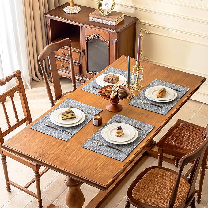 KXN Placemats Set of 6, Dual-Layer Thickened Faux Linen Table Mats, Heat Resistant & Wrinkle-Free, Machine Washable Cloth Place Mats for Kitchen Dining Indoor Outdoor (Light Gray)