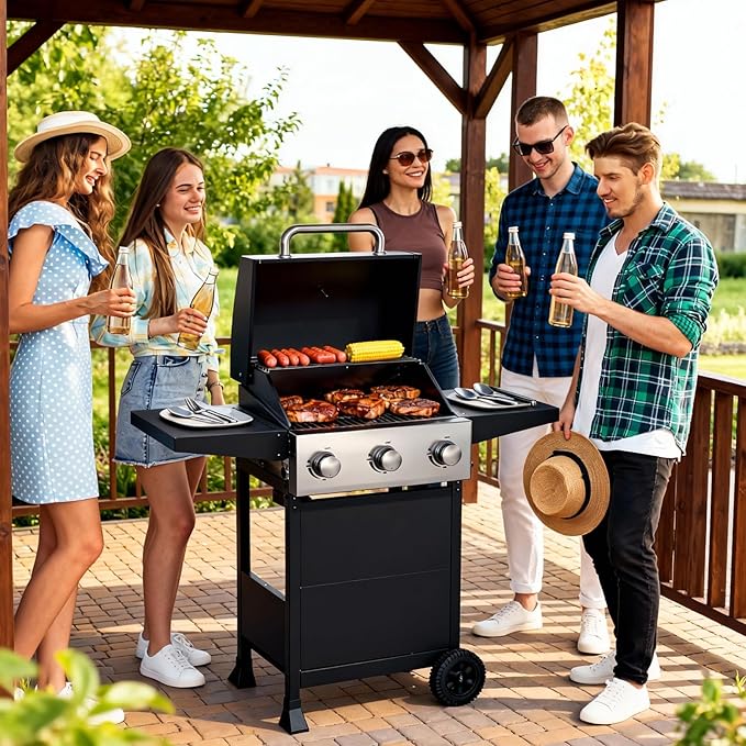 Veralune 3 Burner Propane Gas Grill, 36,000 BTU Stainless Steel Outdoor BBQ Grill with Built-In Thermometer, Lid, Foldable Side Shelves & Wheels for Patio, Garden & Backyard Cooking