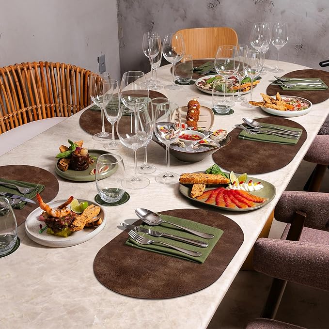 ADRIMER Placemats, Heat Resistant Oval Placemats Set of 8 Washable 12 x 17 Inch, Waterproof Table Mats, Wipeable Pu Place Mats for Kitchen, Dining Room, Brown