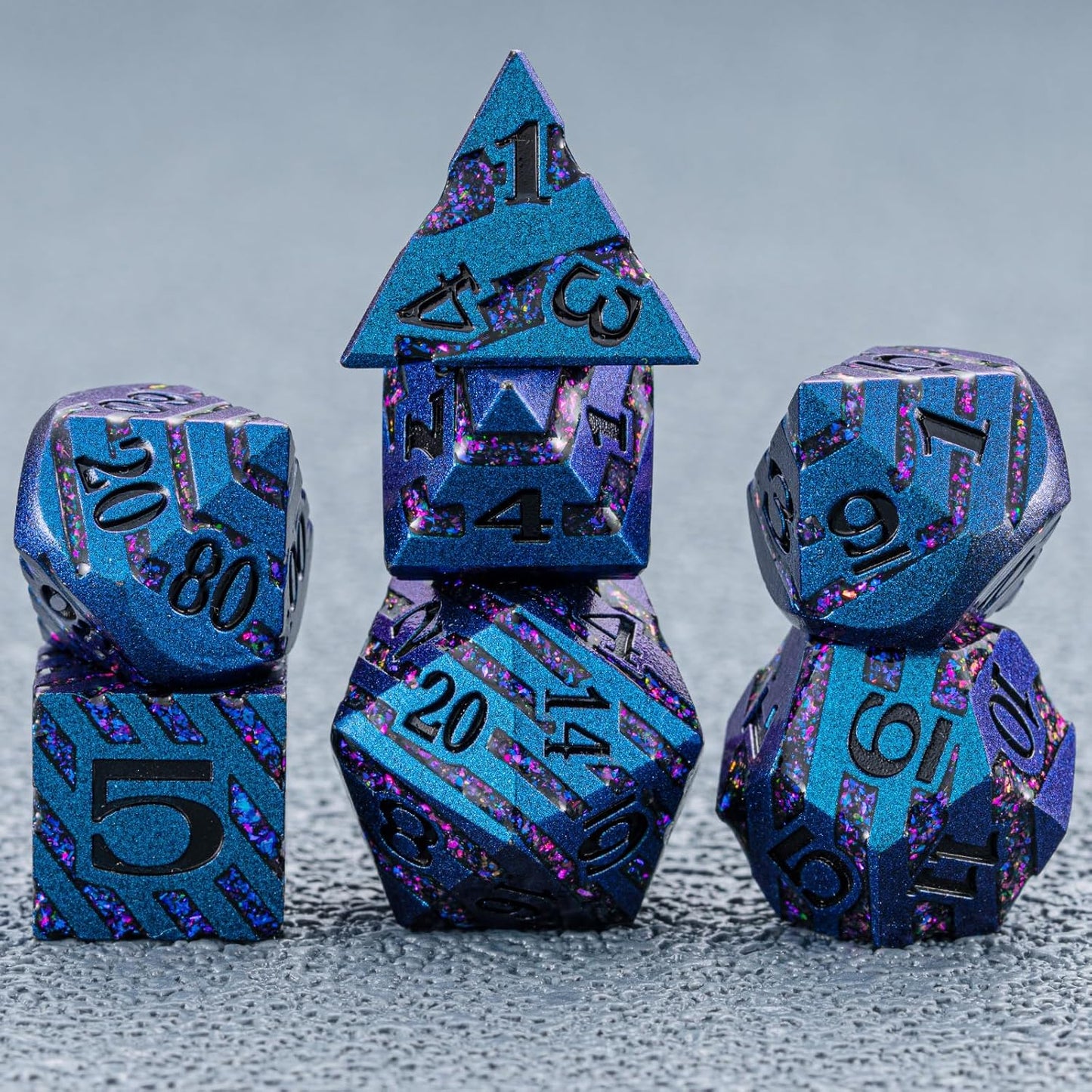 Metallic Glitter Stripes D&D Dice Set,7 PCS Polyhedral Dice Set with Gift,RPG Metal Dice Set Dungeons and Dragons Tabletop Game (Blue+Light Purple)