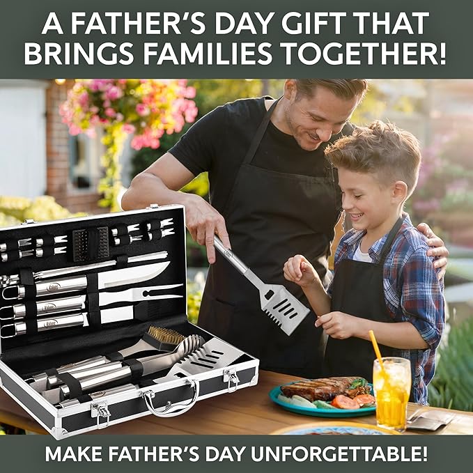 Kaluns Grilling Accessories, Gifts for Men Christmas Grilling Gifts for Dad, Heavy Duty Stainless Steel BBQ Grill Tools Set for Outdoor Grill with Aluminum Case and Apron, Birthday Gifts for Men Dad