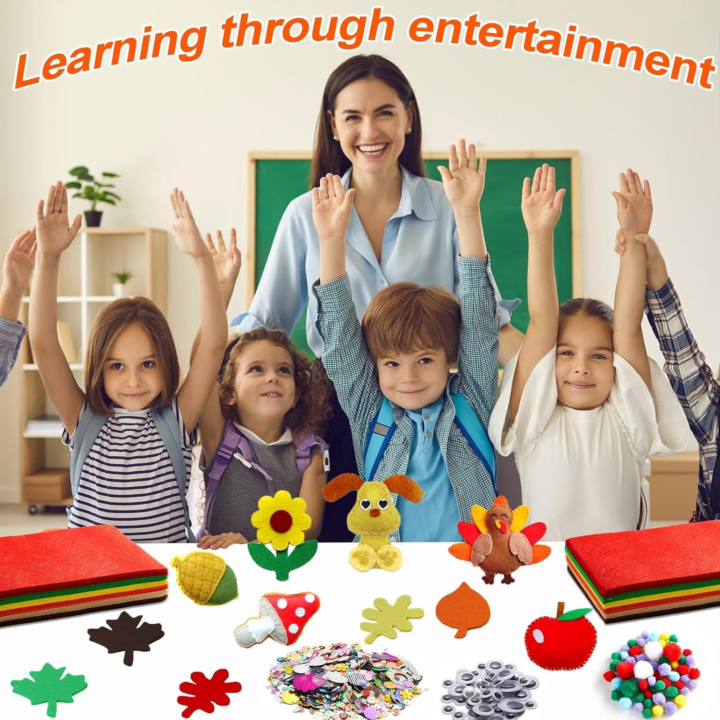 42Pcs Fall Felt Fabric Sheets 8 x 12 Inch Autumn Yellow Orange Assorted Soft Thick Felt Pack with Wiggle Google Eyes Pom Poms Glitter Patchwork for Thanksgiving DlY Sewing Creative Art Project Decor