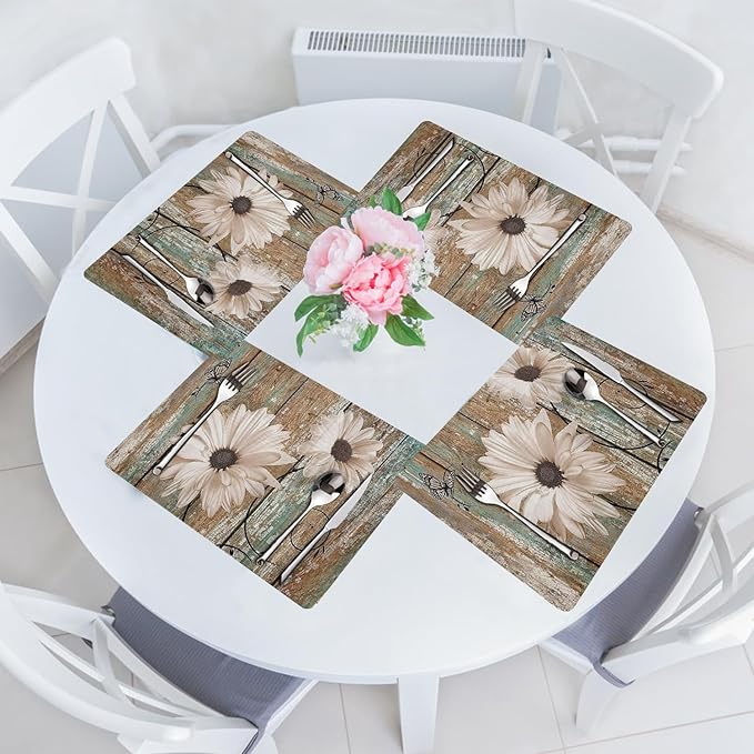 White Sunflower Placemats set of 4 - Floral Faux Leather Heat Resistant Placemats for Dinner Table, Non-Slip Waterproof Oil-Proof Washable Reusable Placemat for Indoor Outdoor Kitchen, 15.75In*11.81In