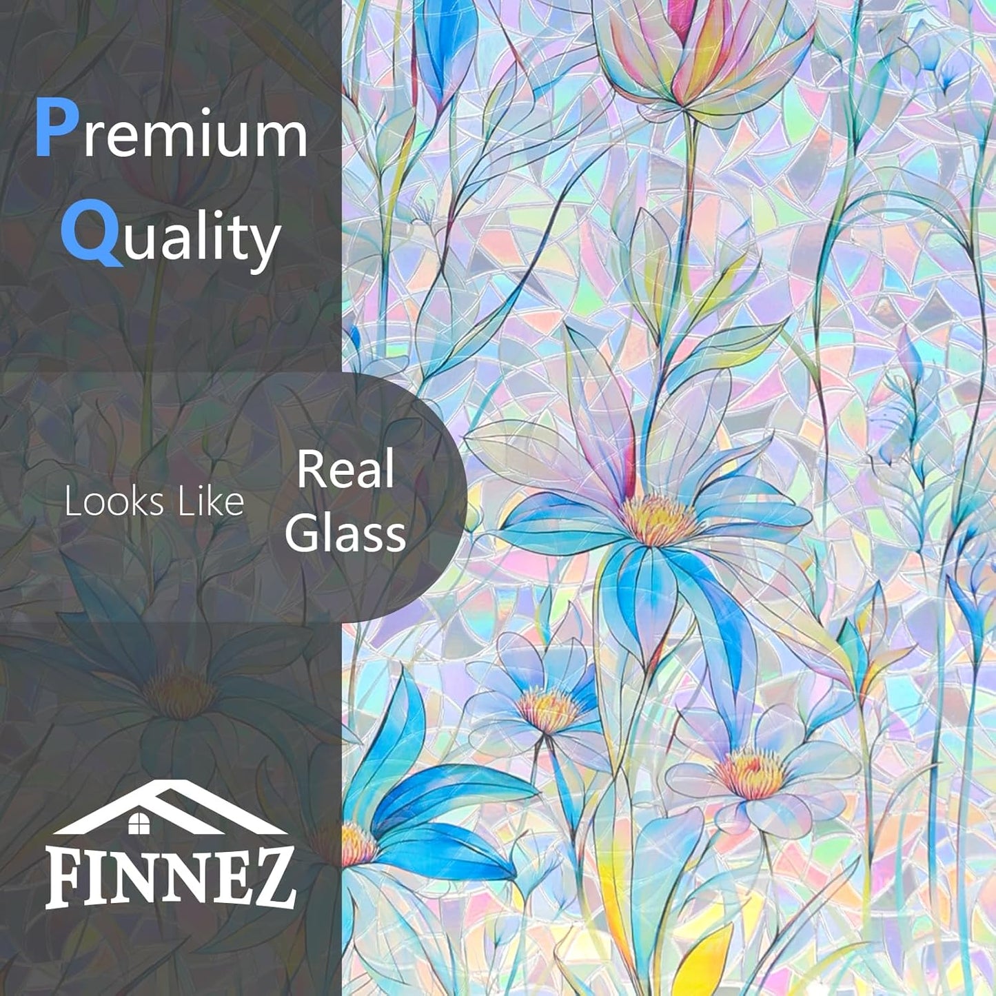 FINNEZ Window Privacy Film Stain Glass Film Flowers Rainbow Window Film Window Clings Non-Adhesive Reusable Decorative for Home(Blue Lotus,45.2 Inch x 13.1 Feet)