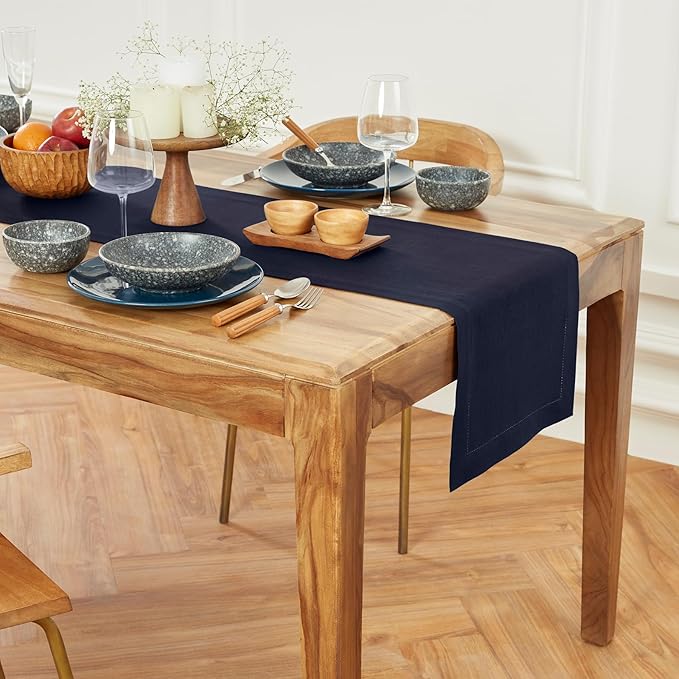 Solino Home Linen Navy Blue Table Runner 108 Inches Long - 100% Pure Linen Medium Weight Hemstitch 14 x 108 Inch Table Runner for Dining, Winter