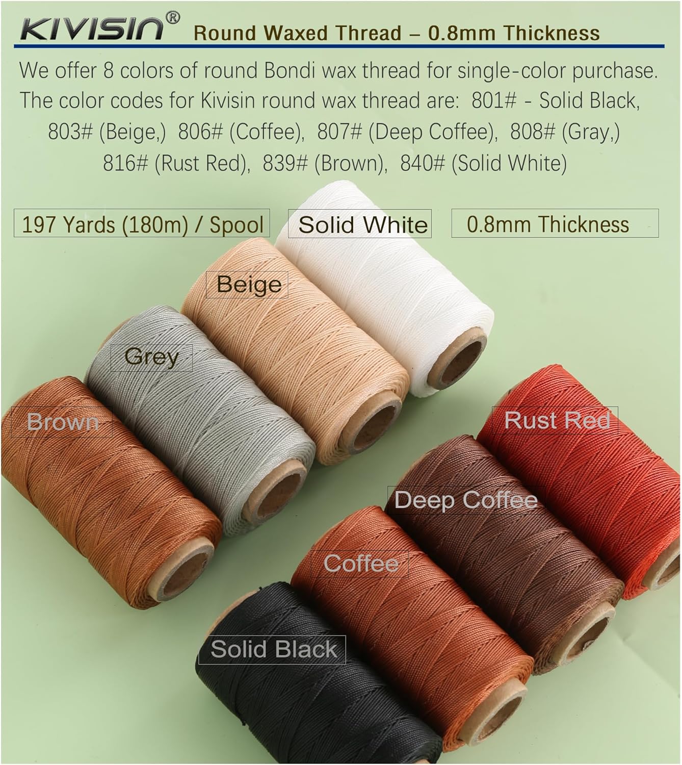 Bonded 0.8mm Round Waxed Polyester Cord, 3-ply Wax Coated Thread, 197 Yards Stiff String for Heavy Duty Fabric, Leather Sewing, Book Binding, Upholstery Repair, and Macrame Jewelry - Coffee