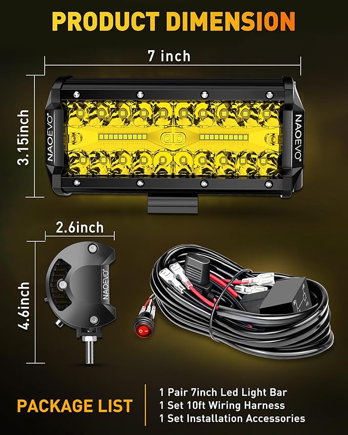 NAOEVO 7 Inch Yellow LED Light Bar, 240W 24,000LM Offroad Fog/Driving Lights LED Pods with 2 Leads Wiring Harness Kit, Spot & Flood Work for Truck Boat UTV ATV, 2-Pack (Yellow)