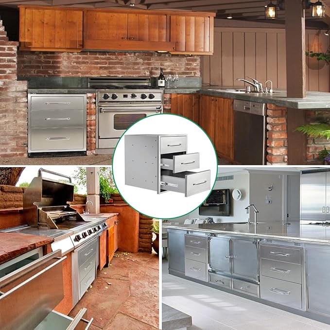 Outdoor Kitchen Drawers 16" W x 21" H x 23" D Stainless Steel Triple Drawers with Ergonomic Handle for BBQ Island, Patio Grill Station & Outdoor Kitchen Cabinets