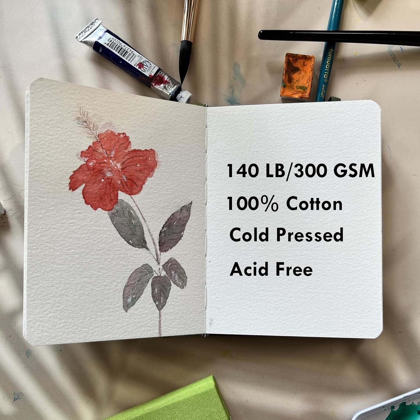 tumuarta Square Watercolor Sketchbook, 6x6 in,140 LB, 300GSM, 100% Cotton, Cold Press, Acid Free, 24 Sheets,48 Pages, Watercolor Journal for Use As Travel Notebook and Mixed Media Pad On The Go