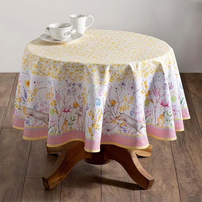 Maison d' Hermine Table Cloth Round Table 100% Cotton 63 Inches Tablecloth Reusable Decorative Everyday Use for Dining Room, Farmhouse, Home, Party, Festive & Wedding Spring Summer - Easter Zest