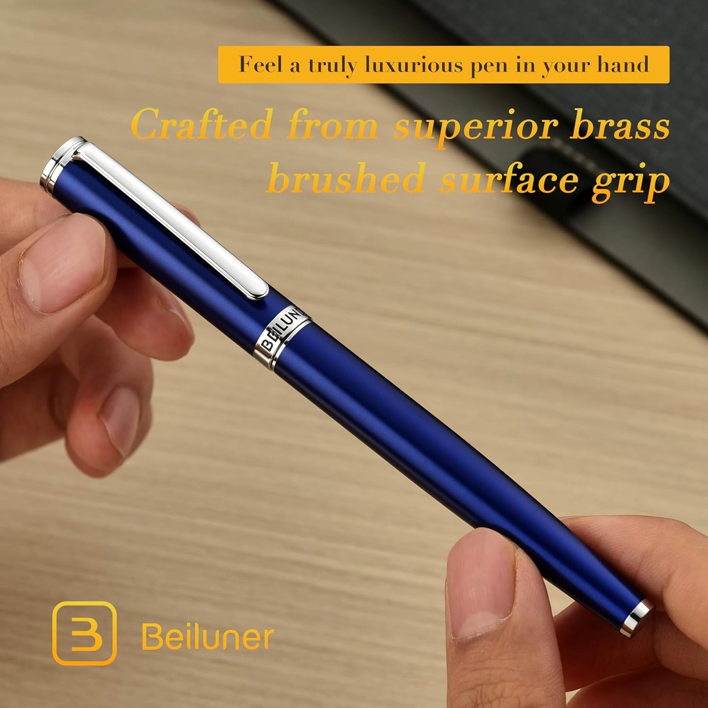 BEILUNER Luxury Fountain Pen Set,Solid 24K Gilded Fine Nib, Modern Classic Limited Edition -Includes 6 Ink Cartridges&Ink Refill Converter with Gift Case-Perfect for Men and Women(Charming blue)