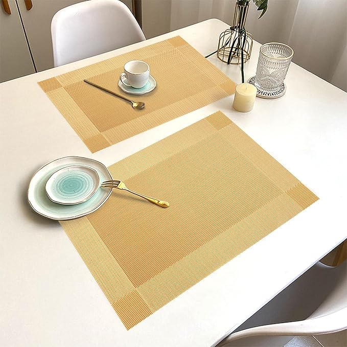 Placemats Set of 6 Washable&Wipeable Place mats for Dining Table Kitchen Indoor Outdoor Table Mats Heat Resistant Non Slip Woven Vinyl Table Placemats (Gold,6PCS)