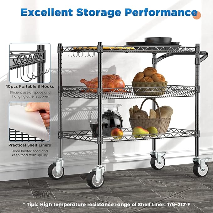 Leteuke 3 Tier Rolling Carts with Wheels, Heavy Duty Rolling Utility Cart,NSF Commercial Grade Metal Cart with Handle&Shelf Liner,Trolley Serving Cart for Kitchen,Restaurant,Plant Display,Black