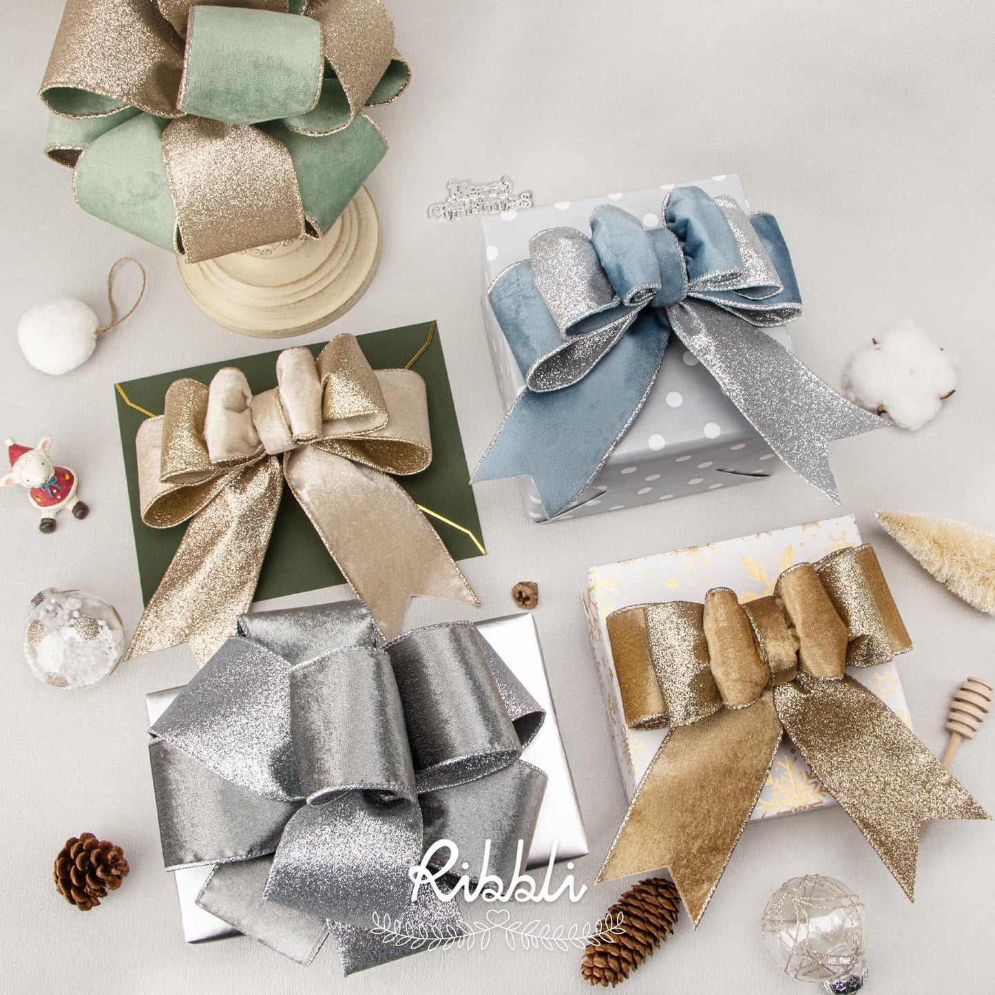 Ribbli Champagne Gold Velvet Wired Ribbon 2.5 Inch Khaki Velvet with Champagne Glitter Christmas Ribbon for Christmas Tree Decoration Big Bow Gift Wrapping Crafts Wreaths Supplies- 10 Yards