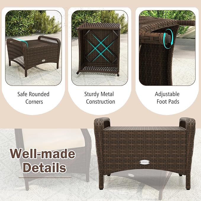 Tangkula 2 Pieces Outdoor Patio Wicker Ottomans with Removable Cushions, Outside Footrest for Additional Seating, Footrest and Side Table, for Porch, Garden and Backyard