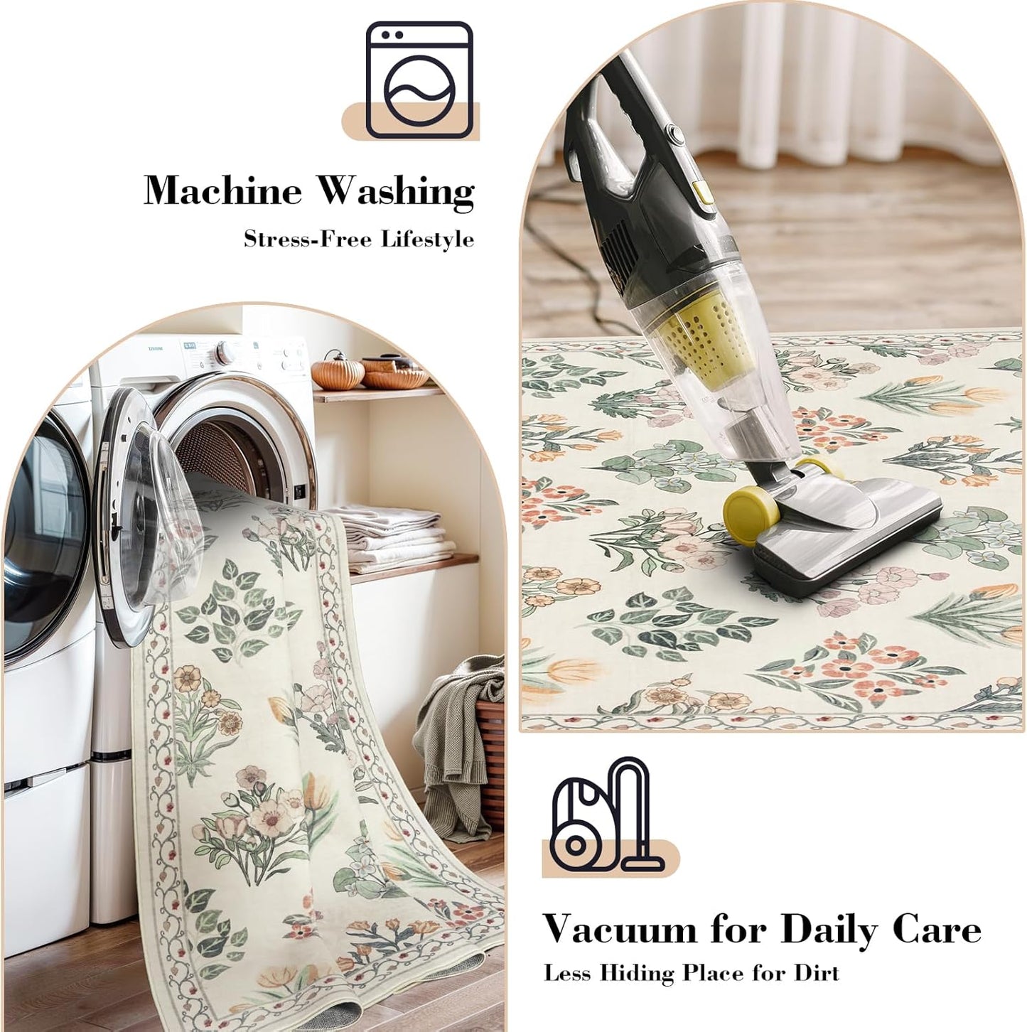 Wonnitar Nursery Rug for Baby Girl, Washable Moroccan Floral 5x7 Rug, Ultra-Thin Non Slip Neutral Flower Print Carpet for Living Room Kids Room Dorm Home Decor, Cream Beige