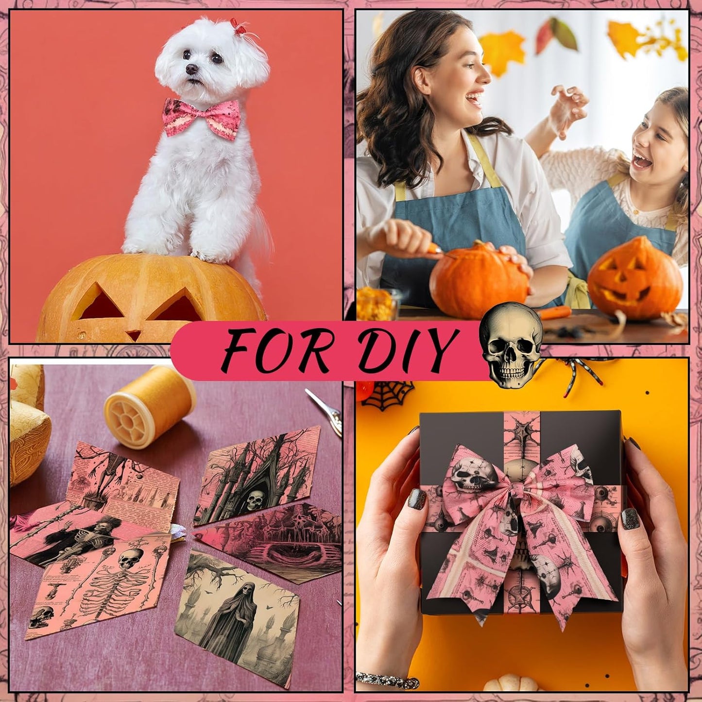 Ganeen 60 Pcs 10 x 10 Inch Pink Halloween Quilting Fabric Squares Vintage Pink Ghost Fat Patchwork Precut Strips Retro Bat Skull Fabric Bundles for Holiday DIY Craft Sewing Quilt Material Handmade