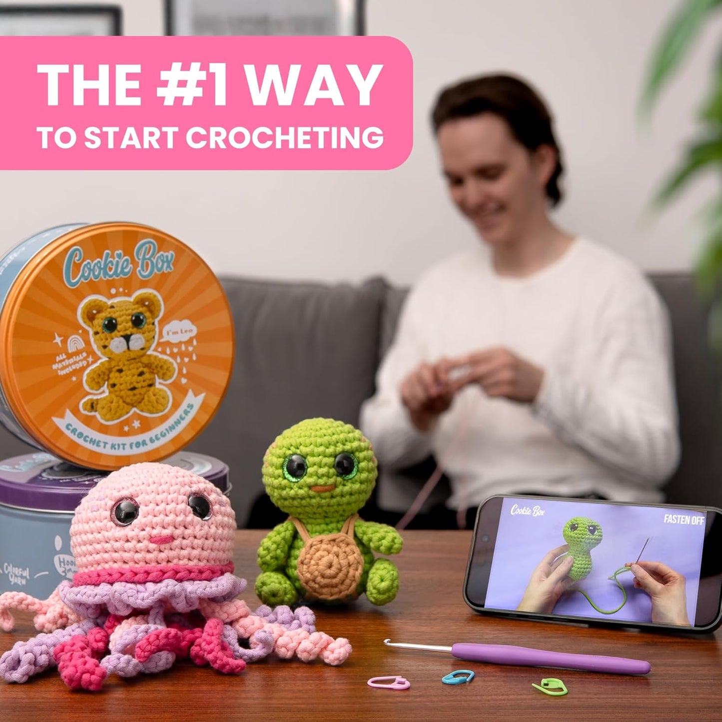 Cookie Box Crochet Kit for Beginners β Gift Set to Make Bear Ted Amigurumi Plushie β Easy DIY Crochet & Knitting Starter Kit with Video and PDF Tutorials