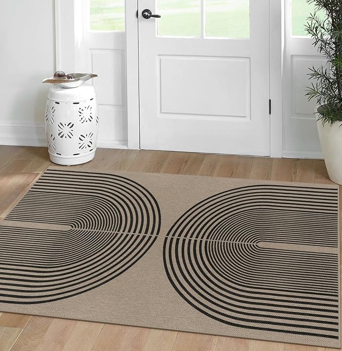 Easy Jute Rainbow Area Rug, 3x5 Indoor Outdoor Entryway Rug Washable Non-Slip Modern Boho Kitchen Rugs, Black and Nature Abstract Throw Carpet for Living Room Patio Kids Room