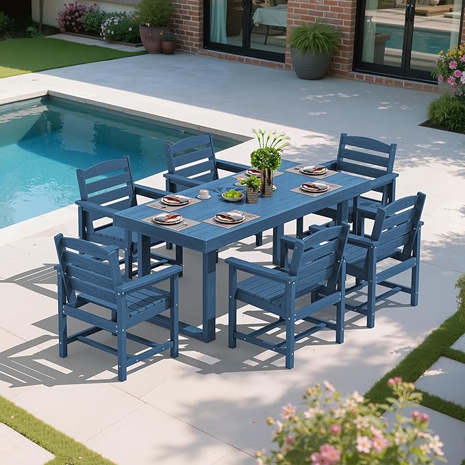 SERWALL HDPE Outdoor Dining Set for 6, 67'' All Weather Patio Dining Table and Chairs Set for Deck, Lawn, Blue