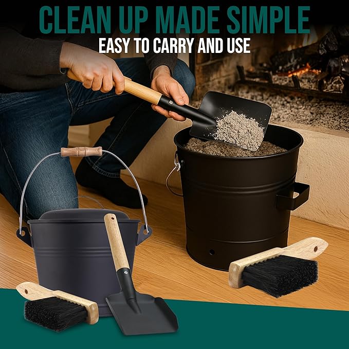 Smedley & York Mini Ash Bucket with Lid, Includes Fireplace Tools, Pail, Shovel and Broom, 1.5 Gallon Charcoal Metal Bucket with Lid, Coal Bucket and Ash Can, Galvanized Iron Ash Bucket for Fireplace
