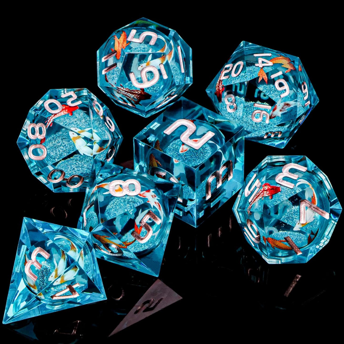 ARUOHHA Liquid Core DND Dice Set, 7pcs Resin Blue Sharp Edged Dragons Dice Compatible with D&D Role Playing Games, Handmade RPG Koi Fish Dungeons Polyhedral Dice Set D20 D12 D10 D8 D6 D4