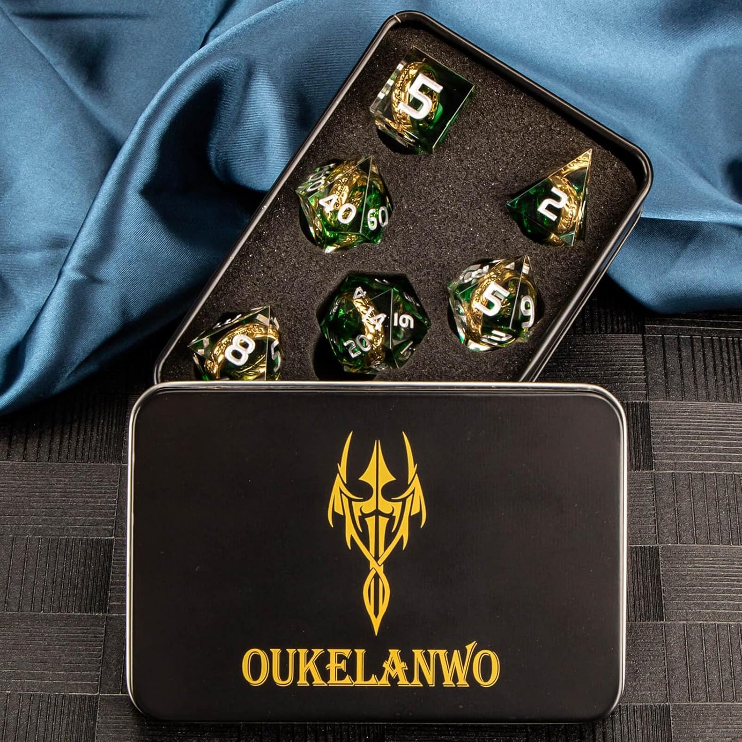 OUKELANWO Magic Lord Rings DND Dice Set with Box, 7Pcs Resin LOTR D&D Dice Set for Role Playing Game, Green Dungeons Dragons D and D Sharp Edge Dice D20 D12 D10 D8 D6 D4