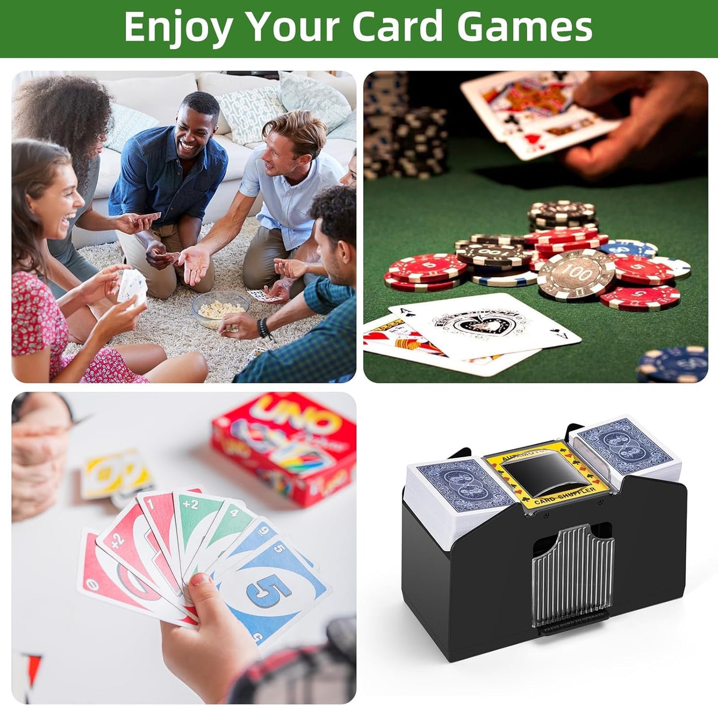 Automatic Card Shuffler 1/2/4/6 Decks,Battery Operated Electric Playing Card Shuffler for UNO,Casino Card Game,Poker,Phase 10,Blackjack,Texas Hold'em,Home Card Games