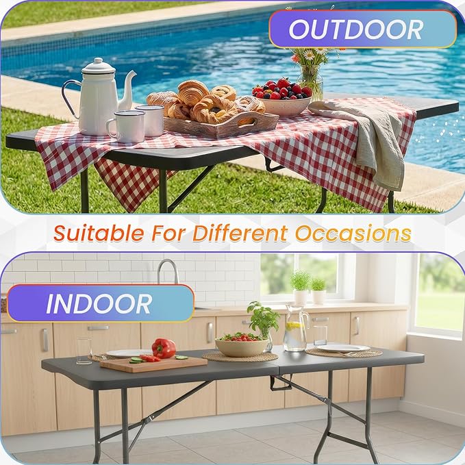 FDW 6FT Folding Table, Portable Fold-in-Half Plastic Picnic Party Table with Carrying Handle (Black, 6FT)