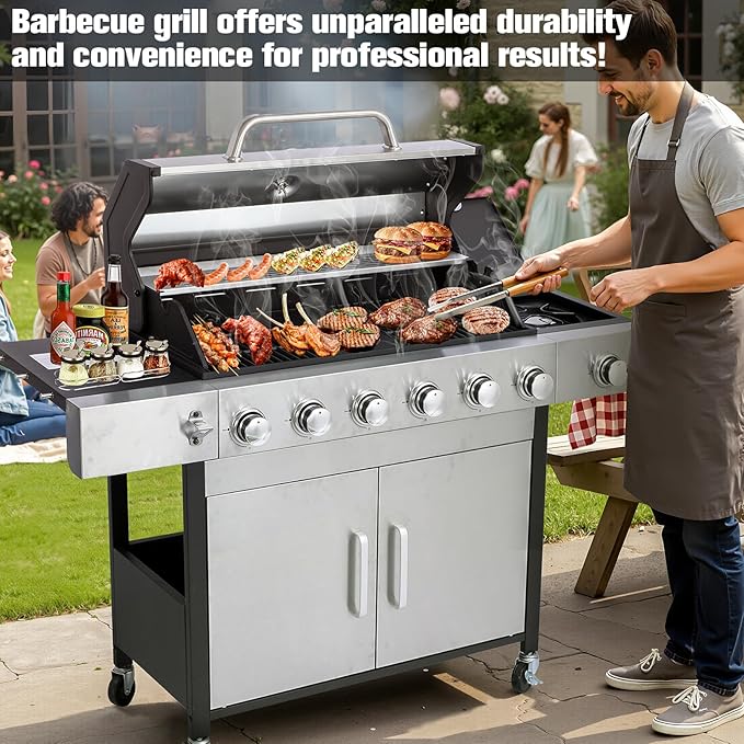 CIG GARDEN 6 Burner Propane Gas Grill With Side Burner,3 in 1 Gas BBQ Grill,73000 BTU Outdoor Barbecue Propane Griddle Grill Combo for Camping, Patio, Backyard