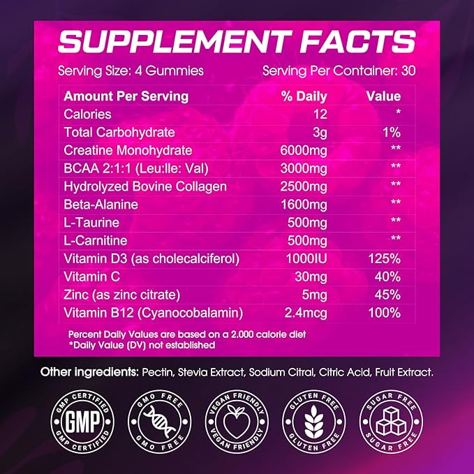 Creatine Monohydrate Gummies 6000MG Pre-Workout for Women, Creatine Gummies with Collagen, BCAA 2:1:1, Zinc & Taurine for Muscle Support, Enhance Strength & Booty, Gluten-Free, 120 Counts
