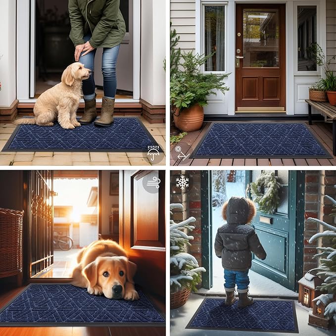 Smiry Front Door Mat Outside Entrance, Heavy Duty Sturdy Natural Rubber Doormat, Trap Dirt and Moisture, Easy Clean Low Profile Mats for Indoor Outdoor Entry, Grid Geometric (47x32, Navy Blue)
