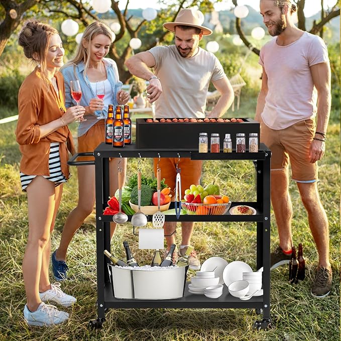 Outdoor Grill Cart Table,Indoor and Outdoor Pizza Oven Table,with 4 Movable Total Lock Casters, Hooks, Side Handle Multifunctional (Black) (Black)