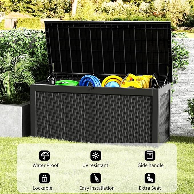 320 Gallon Resin Deck Box, Waterproof Outdoor Storage Box for Patio Furniture Cushions, Garden Tools, and Pool Accessories, Large Lockable UV-Resistant Storage Bin Bench Cabinet for Outside, Black
