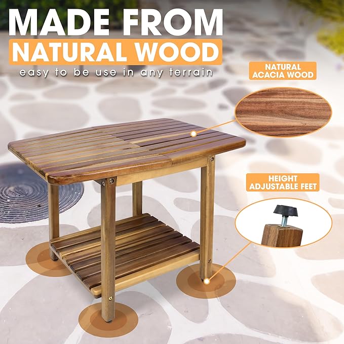 ENKEZI Acacia 24 Inches Outdoor Side Table, 2-Tier Sturdy Patio, End Table Weather Resistant, Strong Stability Side Table for Patio, Pool, Porch, Teak Finish (Modern Brown)