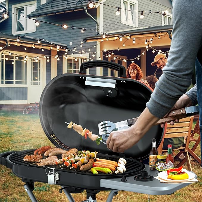 RoadTrip Portable Propane Gas Grill,15,000 BTU BBQ Grill with Top Cover Lid,Folding Legs & 2 Wheels, 406 sq.in. Grilling Areas, Built-in Thermometer, Barbecue Gas Grill for Patio,Party,Orange